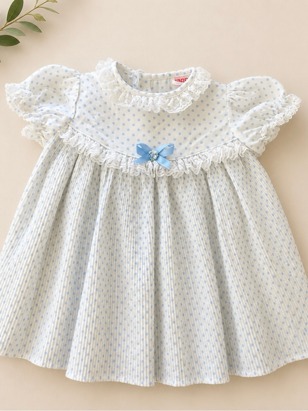 Vintage Roanna Baby Girls Dress 18 Months Blue Polka Dot Lace Made in USA